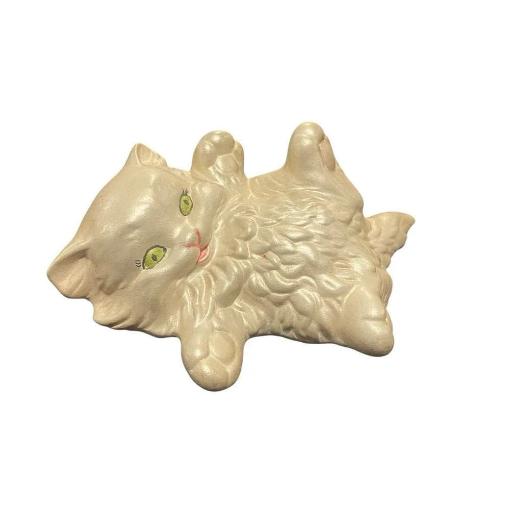 Vintage Long Hair Iridescent Playful Cream White Ceramic Cat Kitten Green Eyes